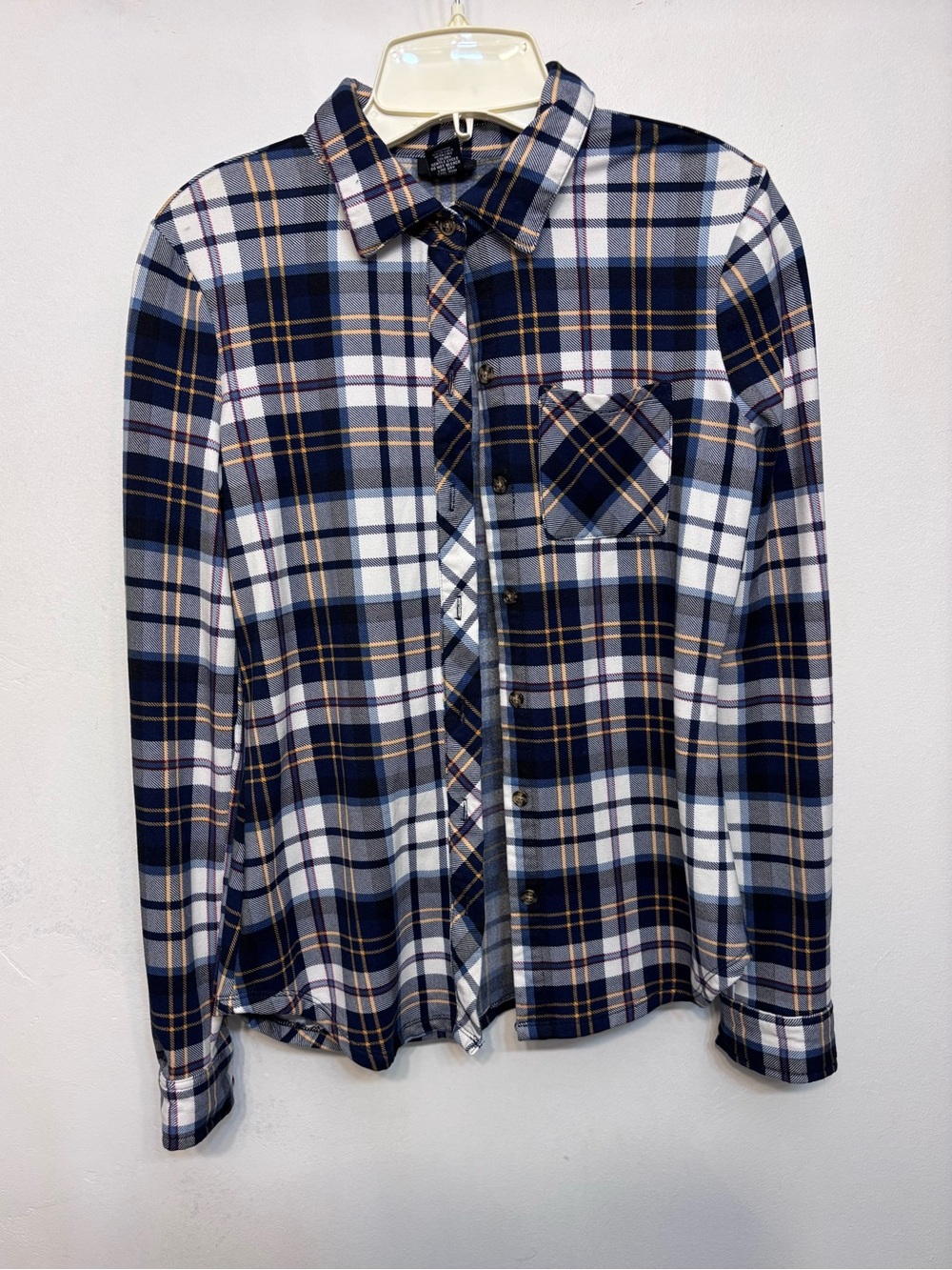 Rue 21 Navy& YellowPlaid Button Up Flannel Long Sleeve Top Womans Size XS